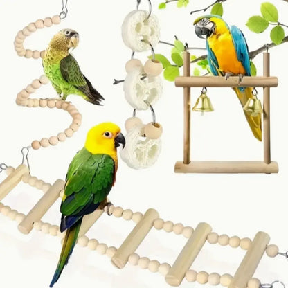 Parrot Chew Toy Set (8/9 Pieces), Recycled Wood Perch Swing with Bell, Hanging Bird Cage Accessories for Small Parrots, Bird Perches for Cage