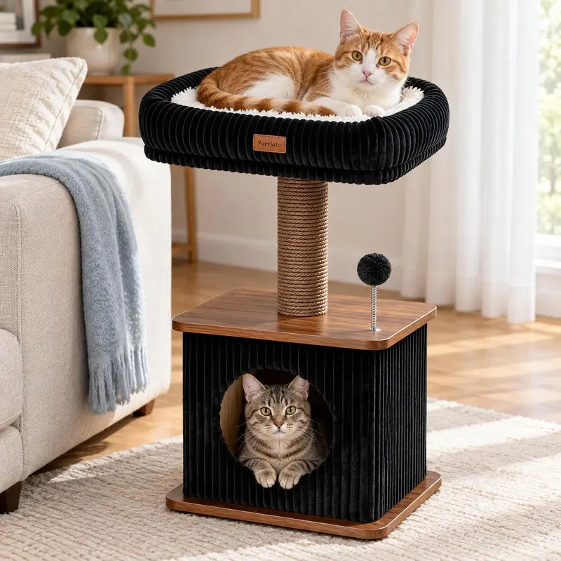 Compact Cat Tree for Small Indoor Cats with a Soft Top Bed and Cozy Hideaway Below, Scratching Post and Spring Ball Toy in a Modern Black and Wood Finish