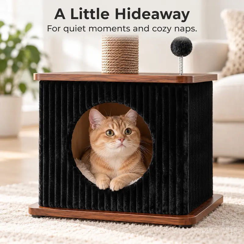 Compact Cat Tree for Small Indoor Cats with a Soft Top Bed and Cozy Hideaway Below, Scratching Post and Spring Ball Toy in a Modern Black and Wood Finish