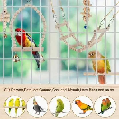 Parrot Chew Toy Set (8/9 Pieces), Recycled Wood Perch Swing with Bell, Hanging Bird Cage Accessories for Small Parrots, Bird Perches for Cage