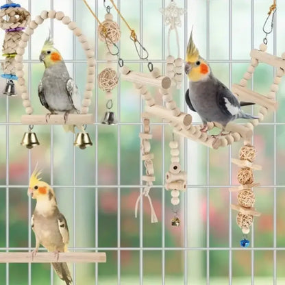 Parrot Chew Toy Set (8/9 Pieces), Recycled Wood Perch Swing with Bell, Hanging Bird Cage Accessories for Small Parrots, Bird Perches for Cage