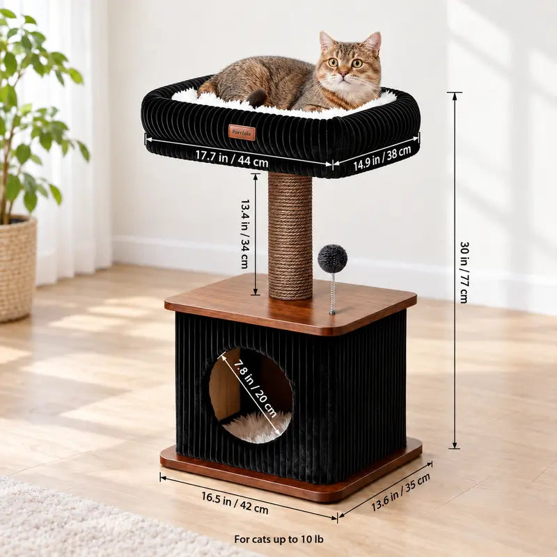 Compact Cat Tree for Small Indoor Cats with a Soft Top Bed and Cozy Hideaway Below, Scratching Post and Spring Ball Toy in a Modern Black and Wood Finish