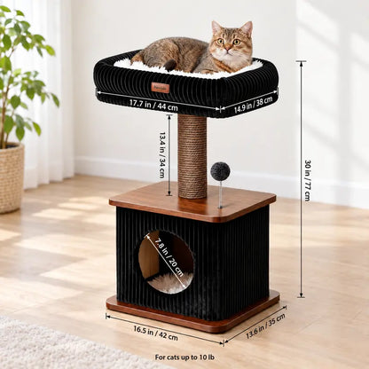Compact Cat Tree for Small Indoor Cats with a Soft Top Bed and Cozy Hideaway Below, Scratching Post and Spring Ball Toy in a Modern Black and Wood Finish