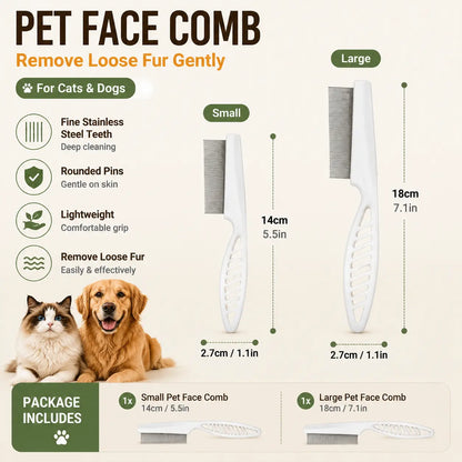 Pet Face Comb Set for Cats & Dogs, Fine Tooth Stainless Steel Grooming Comb, Removes Loose Fur, Flea & Lice Removal Comb, Anti-Shedding, Small & Large Size (2PCS)