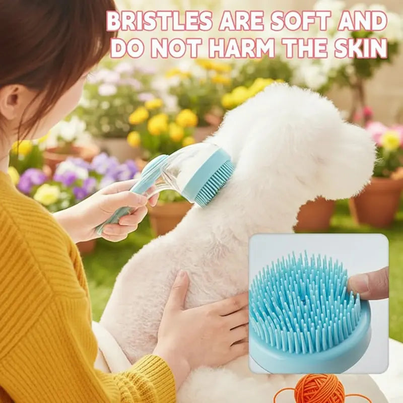 A person uses a light blue Calivo™ Pet Bath & Grooming Brush with soft silicone bristles on a white dog; the gentle bristles do not harm the skin during grooming.