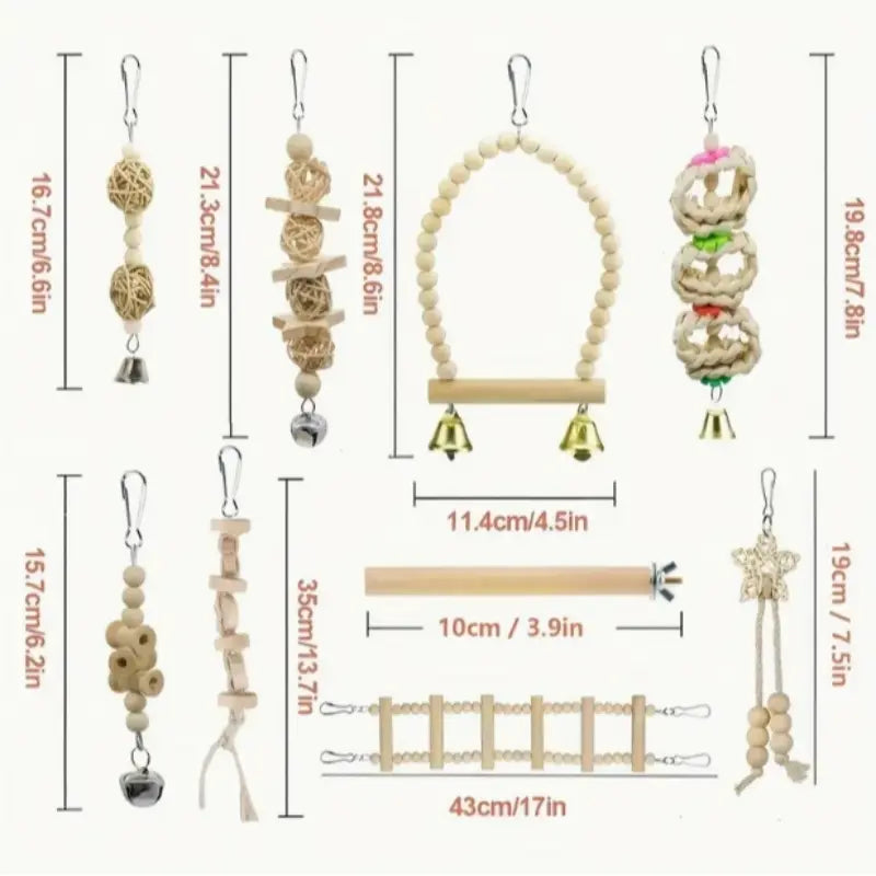 Parrot Chew Toy Set (8/9 Pieces), Recycled Wood Perch Swing with Bell, Hanging Bird Cage Accessories for Small Parrots, Bird Perches for Cage