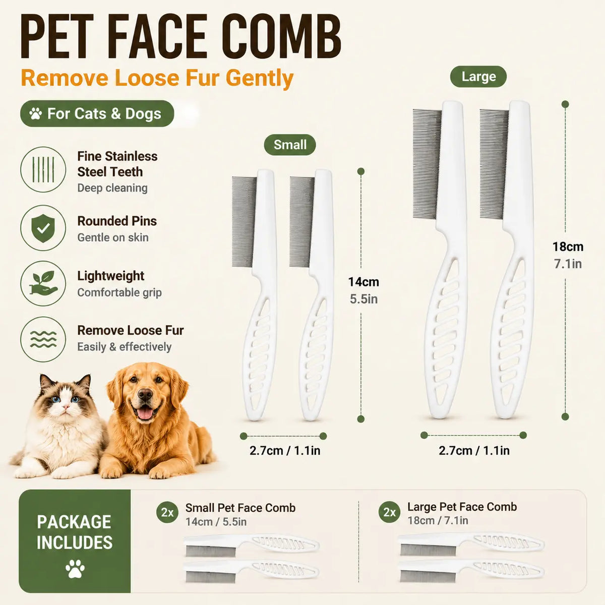 Pet Face Comb Set for Cats & Dogs, Fine Tooth Stainless Steel Grooming Comb, Removes Loose Fur, Flea & Lice Removal Comb, Anti-Shedding, Small & Large Size (2PCS)