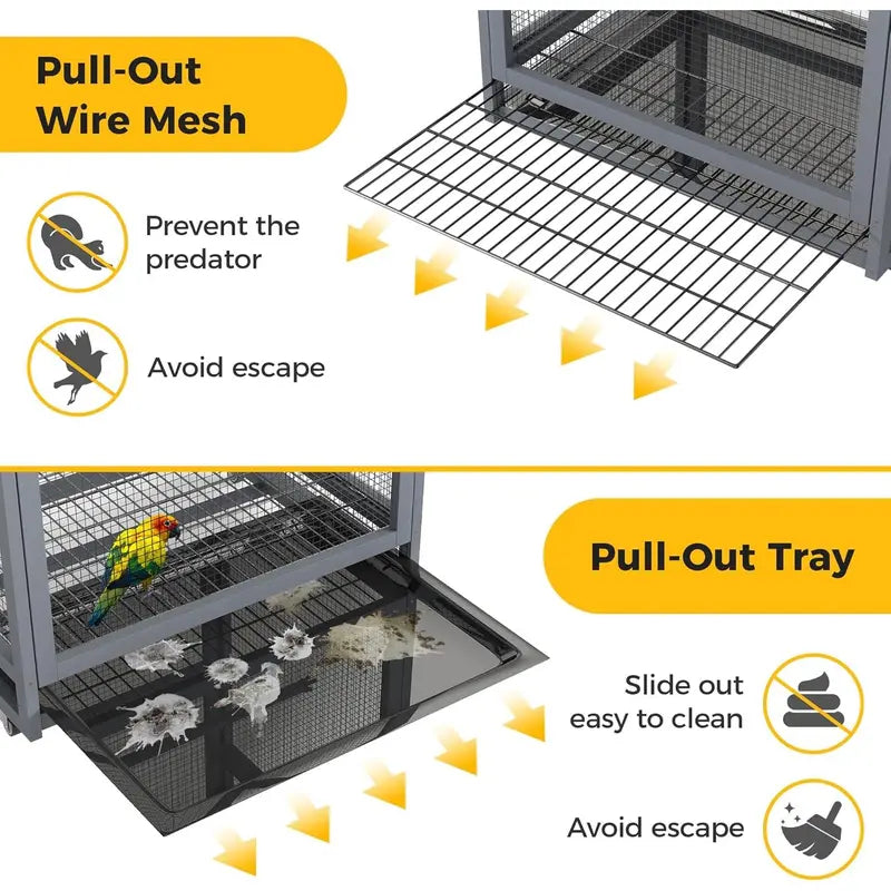 68"H Solid Pinewood Parakeet Cage on Wheels with 2 Brakes - 2 Locked Doors, Pull-Out Tray, Feeder, Indoor Aviary, Bird Supplies for Small Birds, Parakeet Cage Setup (Gray)