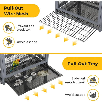 68"H Solid Pinewood Parakeet Cage on Wheels with 2 Brakes - 2 Locked Doors, Pull-Out Tray, Feeder, Indoor Aviary, Bird Supplies for Small Birds, Parakeet Cage Setup (Gray)
