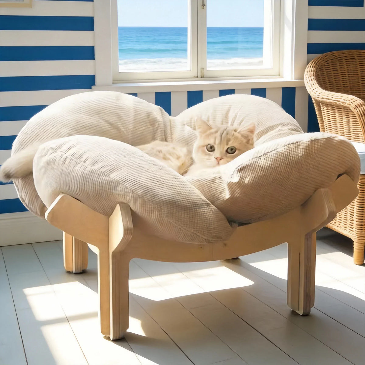 With Soft Cushion Three-Color Wooden High Leg Cat Bed - Comfortable Pet Sofa, Ideal for Cats and Small Dogs, Includes Hardware T