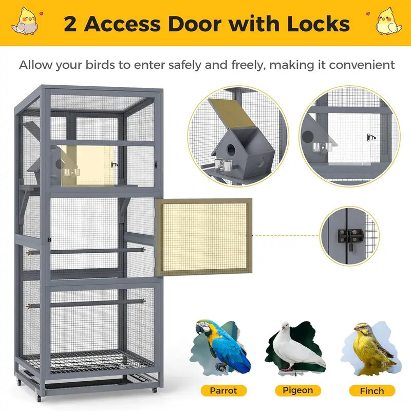 68"H Solid Pinewood Parakeet Cage on Wheels with 2 Brakes - 2 Locked Doors, Pull-Out Tray, Feeder, Indoor Aviary, Bird Supplies for Small Birds, Parakeet Cage Setup (Gray)