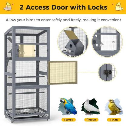 68"H Solid Pinewood Parakeet Cage on Wheels with 2 Brakes - 2 Locked Doors, Pull-Out Tray, Feeder, Indoor Aviary, Bird Supplies for Small Birds, Parakeet Cage Setup (Gray)