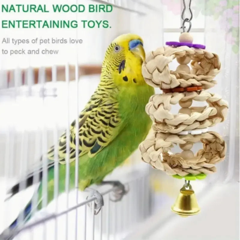 Parrot Chew Toy Set (8/9 Pieces), Recycled Wood Perch Swing with Bell, Hanging Bird Cage Accessories for Small Parrots, Bird Perches for Cage
