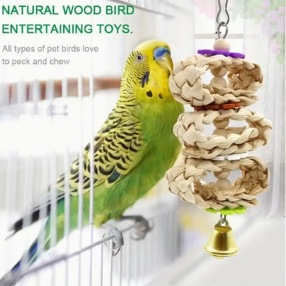 Parrot Chew Toy Set (8/9 Pieces), Recycled Wood Perch Swing with Bell, Hanging Bird Cage Accessories for Small Parrots, Bird Perches for Cage