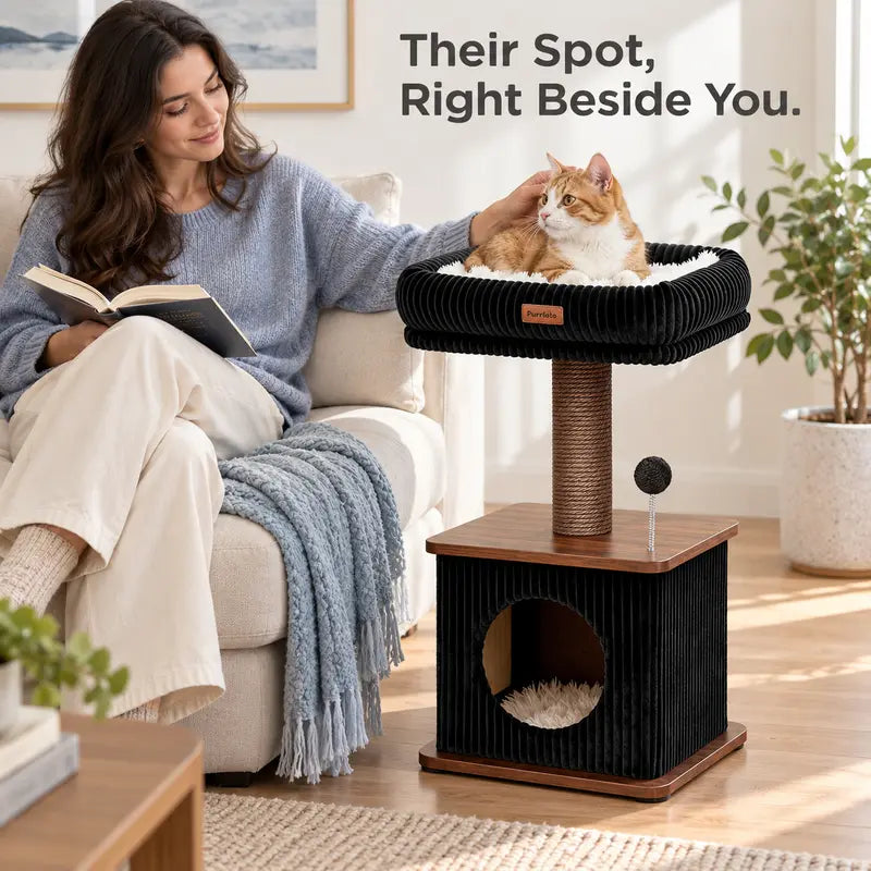 Compact Cat Tree for Small Indoor Cats with a Soft Top Bed and Cozy Hideaway Below, Scratching Post and Spring Ball Toy in a Modern Black and Wood Finish