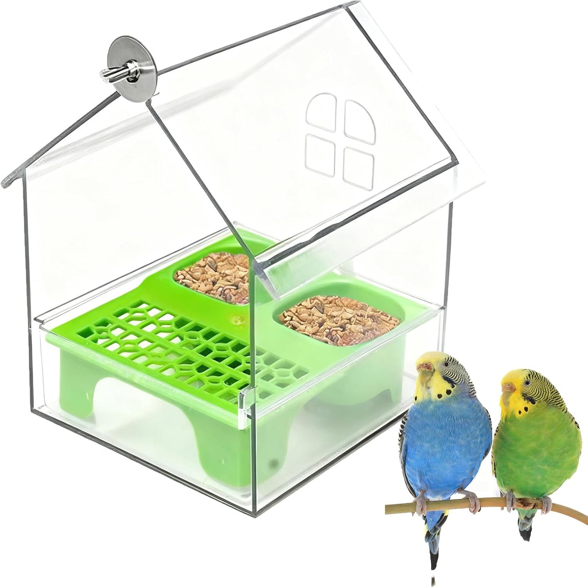 Pull-Out External Parrot Feeder, No Mess Bird Feeder, Decorative Transparent Bird Bath Tub with Two Food Slots, Easy to Fill Hold and Clean, Suitable for Parrot & Finch
