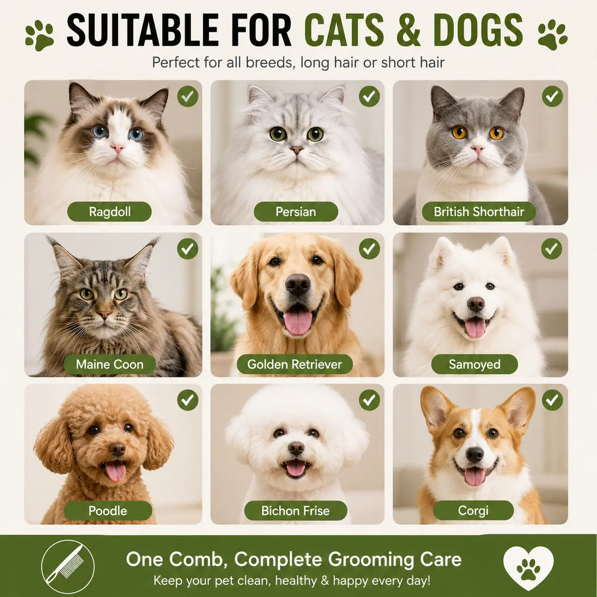 Pet Face Comb Set for Cats & Dogs, Fine Tooth Stainless Steel Grooming Comb, Removes Loose Fur, Flea & Lice Removal Comb, Anti-Shedding, Small & Large Size (2PCS)