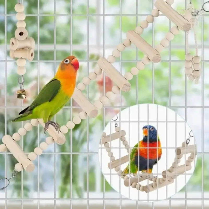 Parrot Chew Toy Set (8/9 Pieces), Recycled Wood Perch Swing with Bell, Hanging Bird Cage Accessories for Small Parrots, Bird Perches for Cage
