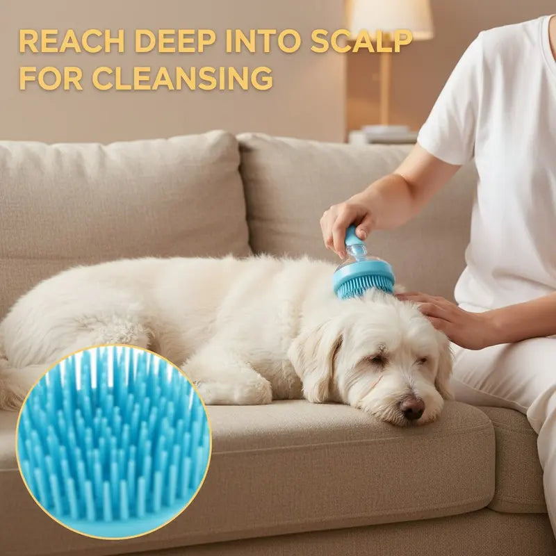 A person uses a light blue silicone Calivo™ Pet Bath & Grooming Brush to massage a pet on a sofa, with an inset showing the flexible bristles and the text: REACH DEEP INTO SCALP FOR CLEANSING.