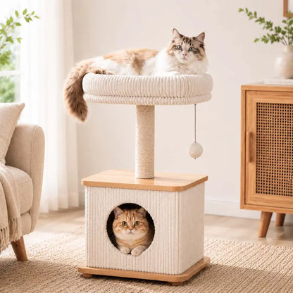 Compact Cat Tree for Small Indoor Cats with a Soft Top Bed and Cozy Hideaway Below, Scratching Post and Spring Ball Toy in a Modern Black and Wood Finish