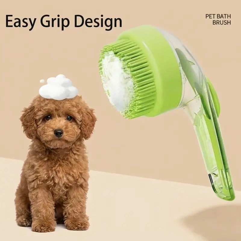 A small brown puppy with a dollop of white suds on its head next to a green and clear Calivo™ Pet Bath & Grooming Brush.