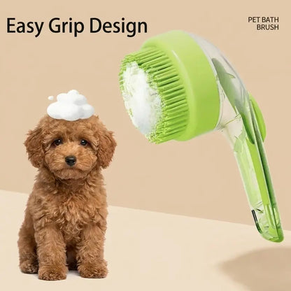 A small brown puppy with a dollop of white suds on its head next to a green and clear Calivo™ Pet Bath & Grooming Brush.