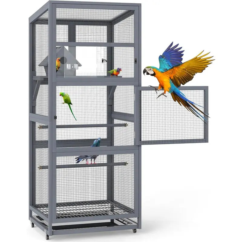 68"H Solid Pinewood Parakeet Cage on Wheels with 2 Brakes - 2 Locked Doors, Pull-Out Tray, Feeder, Indoor Aviary, Bird Supplies for Small Birds, Parakeet Cage Setup (Gray)
