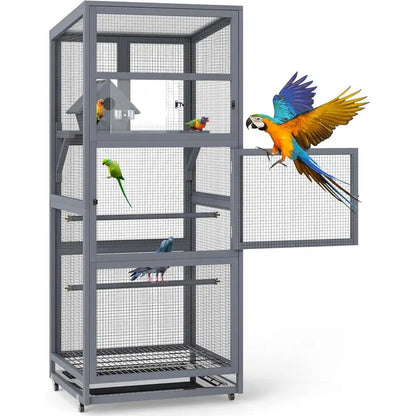 68"H Solid Pinewood Parakeet Cage on Wheels with 2 Brakes - 2 Locked Doors, Pull-Out Tray, Feeder, Indoor Aviary, Bird Supplies for Small Birds, Parakeet Cage Setup (Gray)