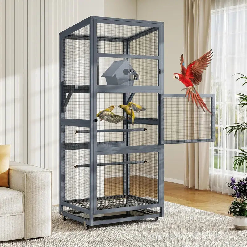 68"H Solid Pinewood Parakeet Cage on Wheels with 2 Brakes - 2 Locked Doors, Pull-Out Tray, Feeder, Indoor Aviary, Bird Supplies for Small Birds, Parakeet Cage Setup (Gray)