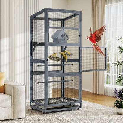 68"H Solid Pinewood Parakeet Cage on Wheels with 2 Brakes - 2 Locked Doors, Pull-Out Tray, Feeder, Indoor Aviary, Bird Supplies for Small Birds, Parakeet Cage Setup (Gray)