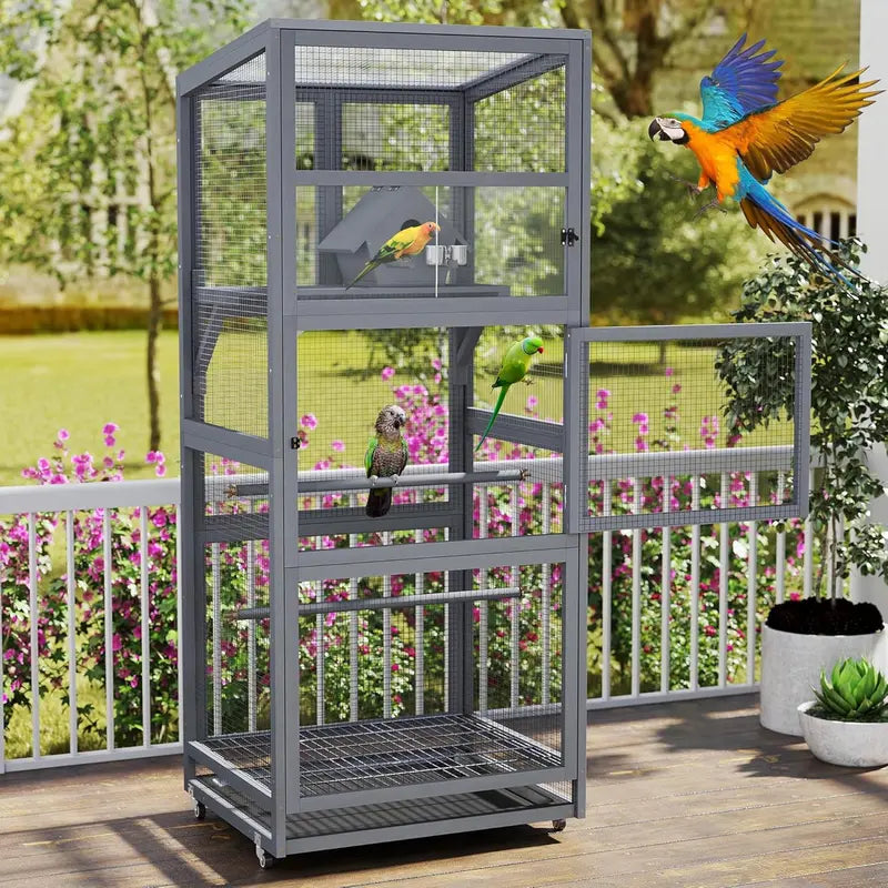 68"H Solid Pinewood Parakeet Cage on Wheels with 2 Brakes - 2 Locked Doors, Pull-Out Tray, Feeder, Indoor Aviary, Bird Supplies for Small Birds, Parakeet Cage Setup (Gray)
