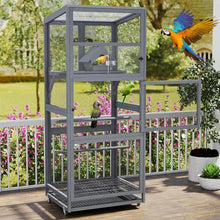 68"H Solid Pinewood Parakeet Cage on Wheels with 2 Brakes - 2 Locked Doors, Pull-Out Tray, Feeder, Indoor Aviary, Bird Supplies for Small Birds, Parakeet Cage Setup (Gray)