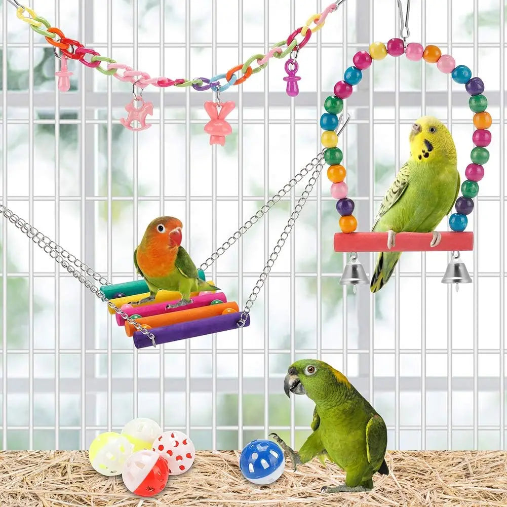 Bird Parrot Toys Set, Hanging Swing, Hammock, Ladder & Chewing Toys, Bird Cage Colorful Toys, Supplies, Suitable for Various Parrots
