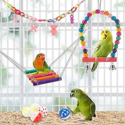Bird Parrot Toys Set, Hanging Swing, Hammock, Ladder & Chewing Toys, Bird Cage Colorful Toys, Supplies, Suitable for Various Parrots