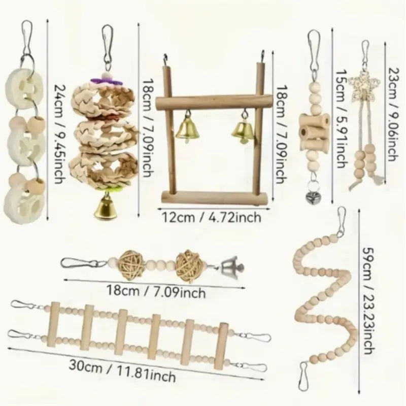 Parrot Chew Toy Set (8/9 Pieces), Recycled Wood Perch Swing with Bell, Hanging Bird Cage Accessories for Small Parrots, Bird Perches for Cage