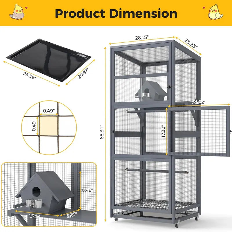 68"H Solid Pinewood Parakeet Cage on Wheels with 2 Brakes - 2 Locked Doors, Pull-Out Tray, Feeder, Indoor Aviary, Bird Supplies for Small Birds, Parakeet Cage Setup (Gray)