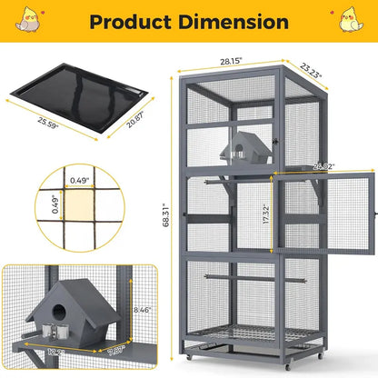 68"H Solid Pinewood Parakeet Cage on Wheels with 2 Brakes - 2 Locked Doors, Pull-Out Tray, Feeder, Indoor Aviary, Bird Supplies for Small Birds, Parakeet Cage Setup (Gray)