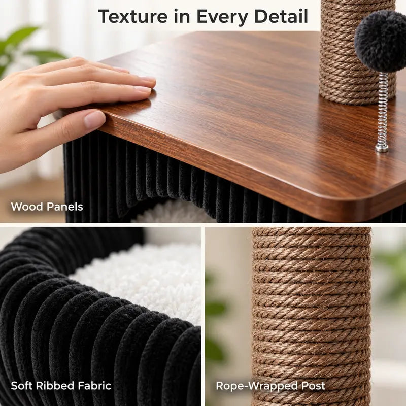 Compact Cat Tree for Small Indoor Cats with a Soft Top Bed and Cozy Hideaway Below, Scratching Post and Spring Ball Toy in a Modern Black and Wood Finish