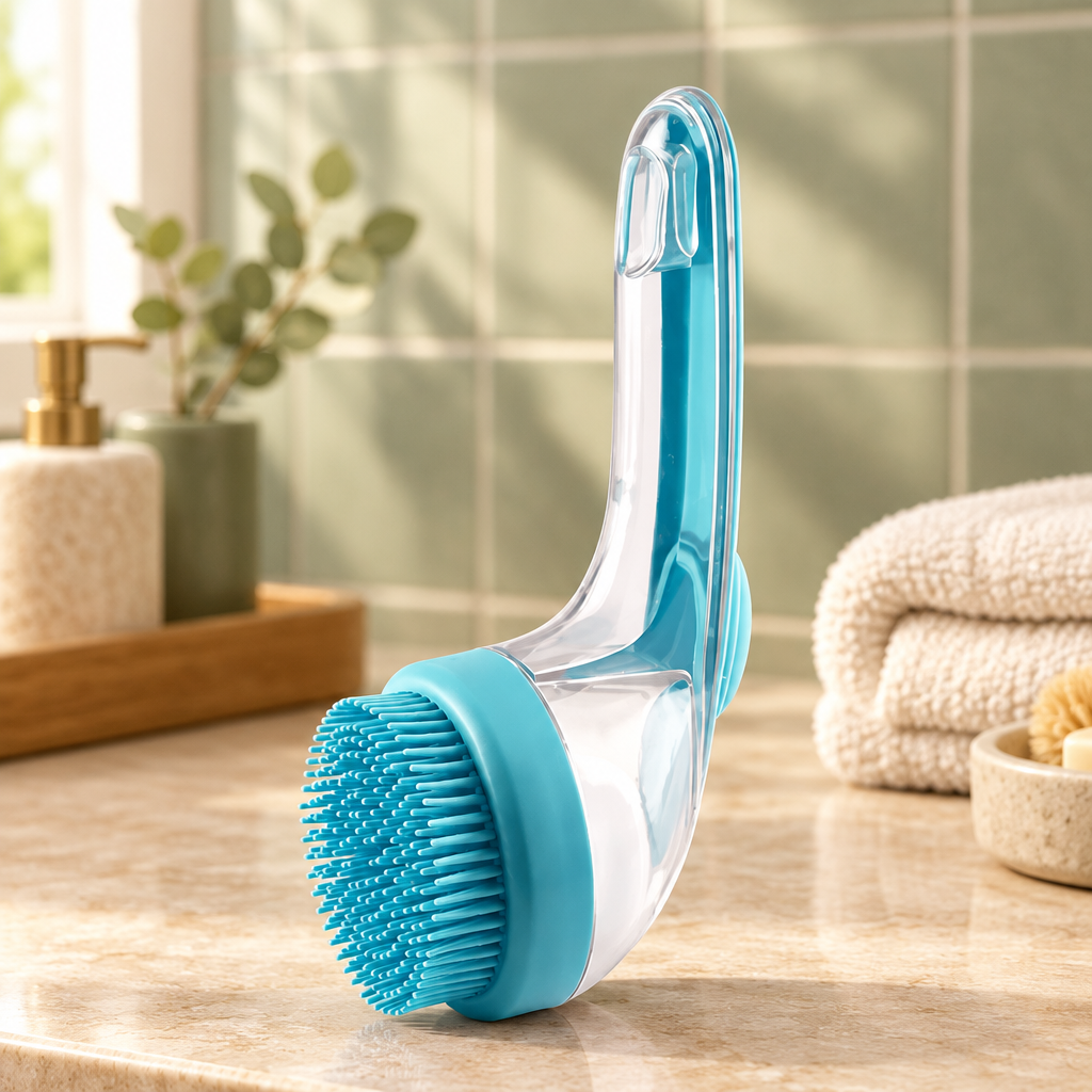 Blue 2026 New Universal 2-In-1 Pet Bath Brush with a round silicone-bristled head, a clear plastic handle, and an integrated shampoo dispenser.